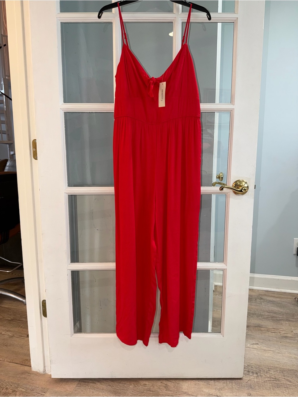 Mi ami Francesca’s Wide Leg Jumper Zip V Neck Boho Bow Tie Front Size L NWT
